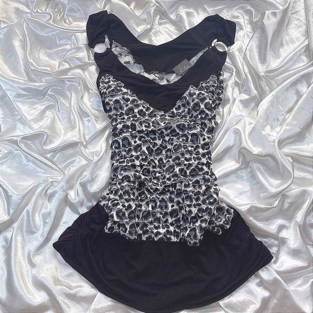 y2k Tank Top Black Excellent Leopard Print Ruffle Ring Detail Ruched Hem Dots
